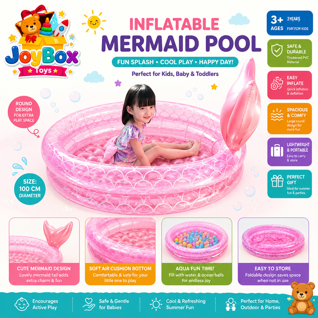 Baby Pink Mermaid Inflatable Pool for Kids | Fun Swimming & Play Pool