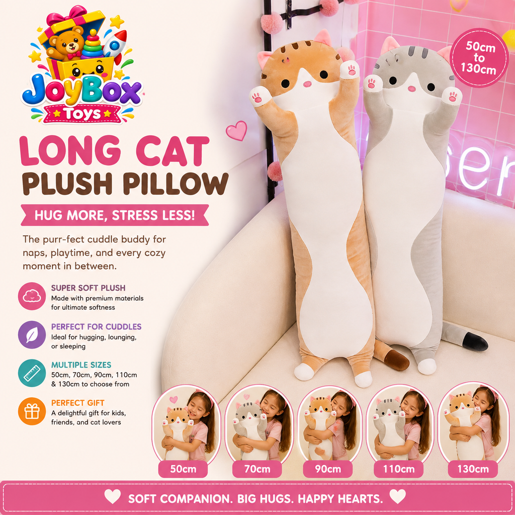 Long Cat-Shaped Plush Pillow | Cute Cuddly Cat | Soft Pillow Toy for Kids