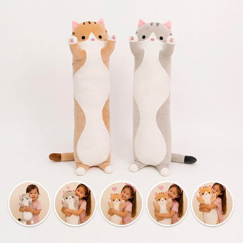 Long Cat-Shaped Plush Pillow | Cute Cuddly Cat | Soft Pillow Toy for Kids